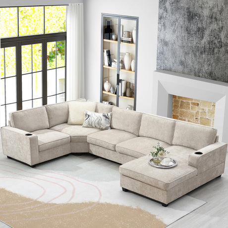 Merax 119" U Shaped Sectional Sofa, 6 Seat Chenille Corner Couch Set with Oversized Chaise Lounge, Comfy with Cup Holders for Living Room, Apartment, Beige Merax