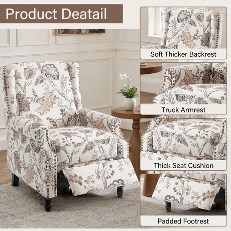 UIXE Pushback Recliner Chair, Fabric Upholstered Armchair Push Back Accent Chair for Living Room, Rivet Trim Home Theater Single Sofa Bedroom Reading Seat with Footrest - Beige Plants UIXE
