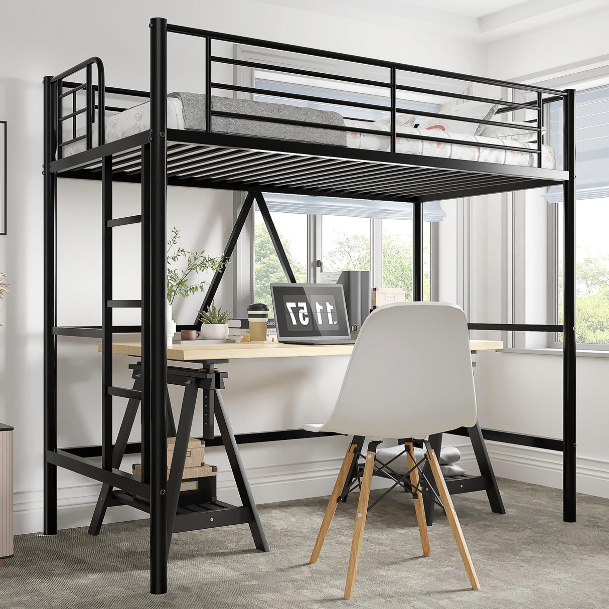 VECELO Twin Size Loft Bed with Full-Length Guardrails and Removable Ladder, Heavy-Duty Metal Frame, Space-Saving Design & Noise-Free, Black VECELO