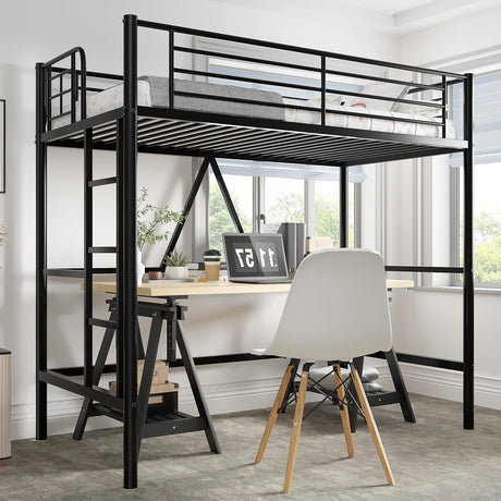VECELO Twin Size Loft Bed with Full-Length Guardrails and Removable Ladder, Heavy-Duty Metal Frame, Space-Saving Design & Noise-Free, Black VECELO