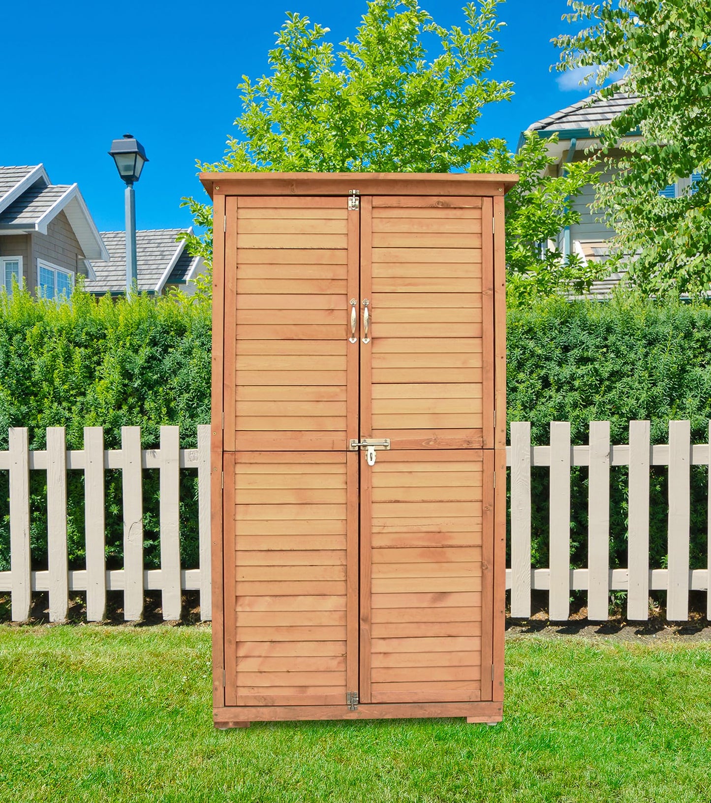 YTGLEN Outdoor Storage Cabinet, Wood Garden Shed, Pool Storage Shed with Lockable Door, Waterproof Roof and 2 Removable Shelves, Vertical Outside Storage Shed for Patio, Backyard and Lawn - WoodArtSupply