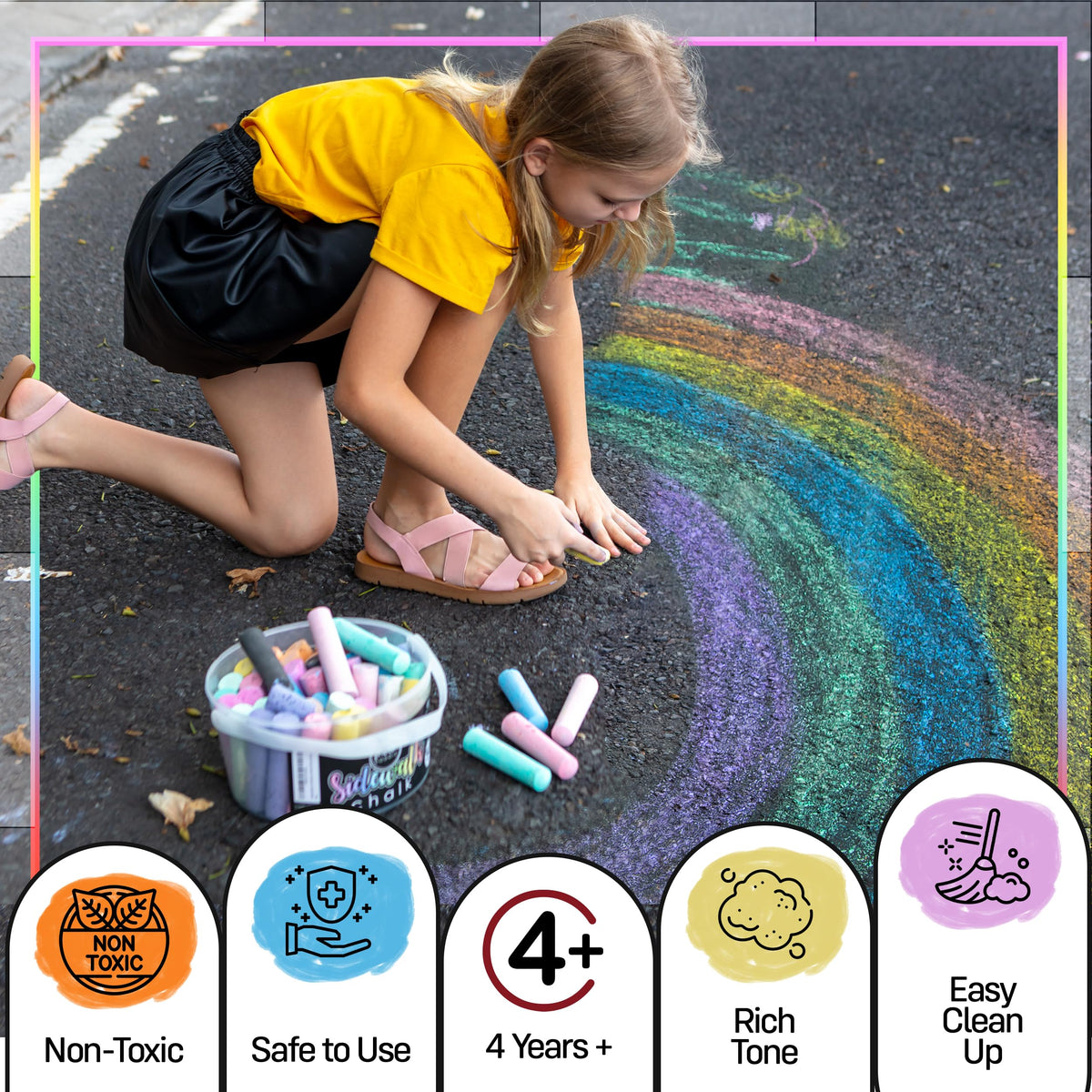 Loddie Doddie 50ct Sidewalk Chalk for Kids - 12 Colors Non-Toxic Jumbo Sticks in Reusable Bucket - Easy Clean Up for Fun & Creativity - Outdoor Chalk Loddie Doddie