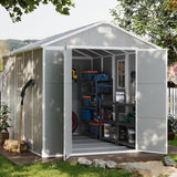 UDPATIO Storage Shed 8 x 10 FT, Resin Outdoor Garden Sheds with Floor Plastic Patio Outdoor Storage with Lockable Door for Tool, Bike, Garbage Gray White UDPATIO