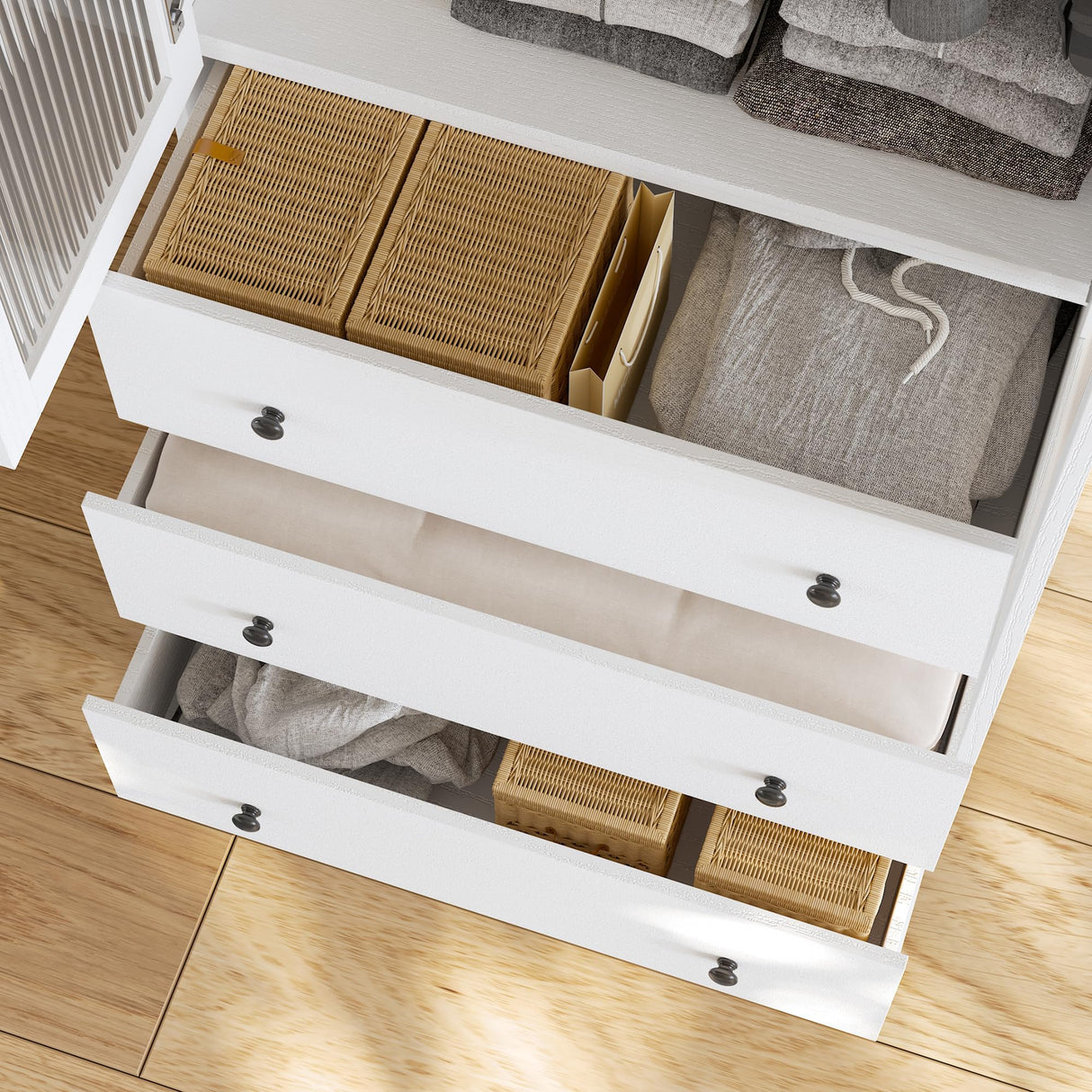 VOWNER 20“D Armoire Wardrobe Closet with Fluted Glass, 71" H Clothing Storage Cabinet with Hanging Rod, 4 Soft-Close Doors Wooden Wardrobe Cabinet for Bedroom, Large Capacity Storage White (AAC) VOWNER