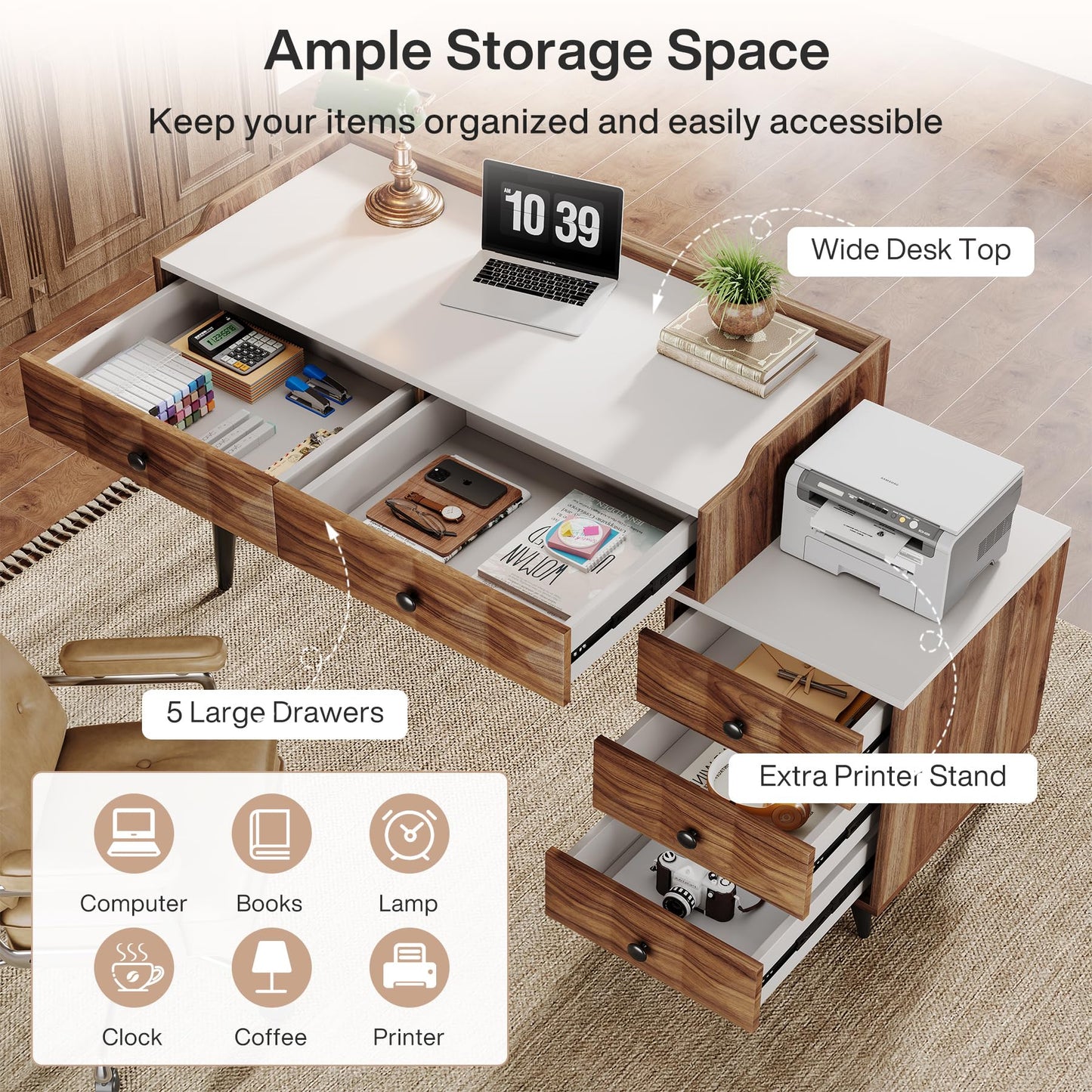 Tribesigns Computer Desk with 5 Drawers, Extendable Home Office Desk with Drawer Cabinet Printer Stand, Modern Study Writing Table Workstation for Bedroom, Living Room, Small Spaces, Brown &  - WoodArtSupply