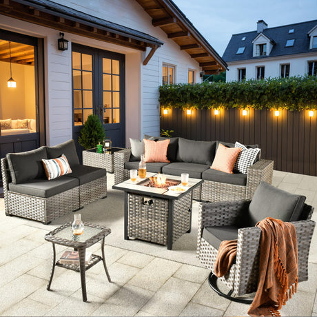 ovios 9 Pieces Patio Furniture Set, Outdoor Wicker Sectional Sofa with 30" Fire Pit Table Swivel Chair, Modern Modular Deep Seat Rattan Couch Conversation Sets, Black ovios