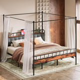 LIKIMIO Canopy Bed Frame King, Storage Headboard with Charging Station, Platform Bed with 4 Removable Sturdy Posts, Noise Free, No Box Spring Needed, Vintage Brown LIKIMIO