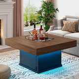 LED Coffee Tables for Living Room, 33.5" Square Center Table with Storage & Hidden Shelf, Large Modern Coffee Table Desk with RGB Lights, Living Room Tables Cocktail Table, Plug-in Use (Vintage Brown) knoworld