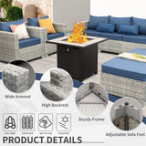 WAROOM Patio Furniture Set 6 Piece Outdoor Patio Set Grey Wicker Balcony Furniture Conversation Sets PE Rattan Couch Sofa with Fire Pit Table, Blue Cushion WAROOM