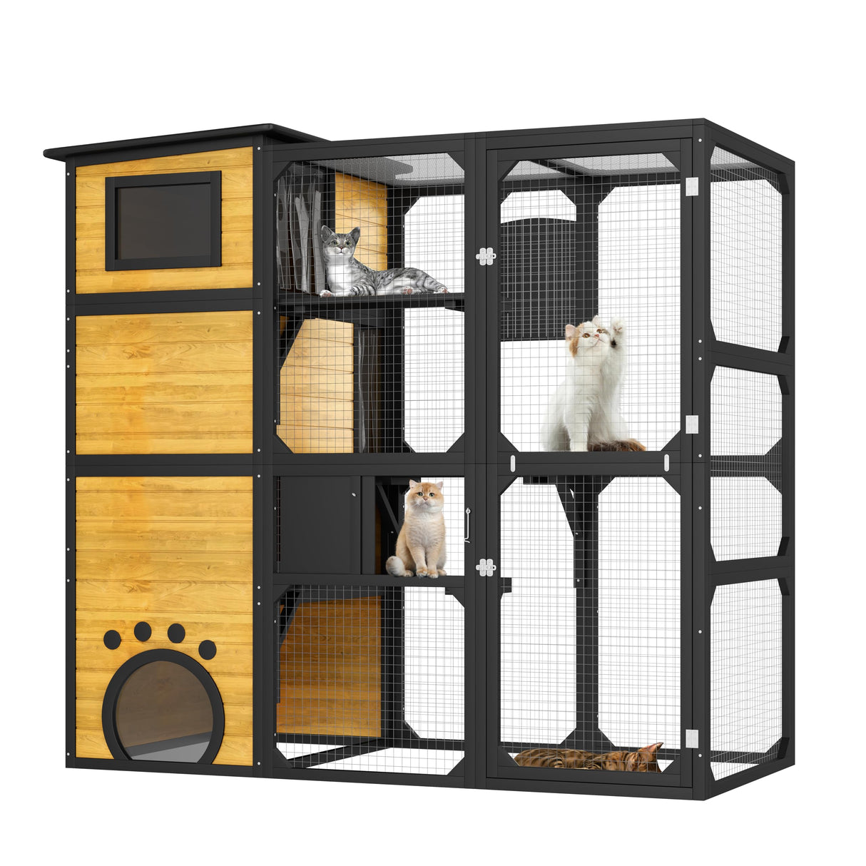 Merax Large Cat Catio 4 Tiers Cat Enclosure for Outdoor, Cat House Weatherproof Attached to Window for Multiple Cats with Platforms and Resting Rooms, Brown Merax