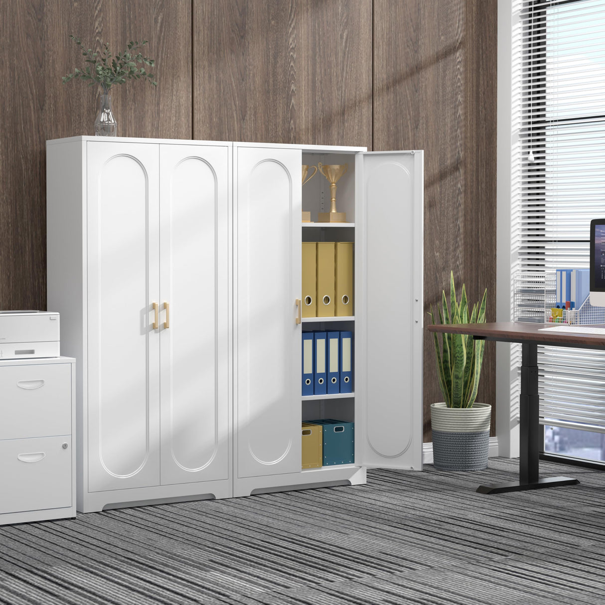 Kubohogar White Pantry Cabinet with Doors, 60" Tall Metal Pantry Cabinet with 3 Adjustable Shelves and Gold Handles, Kitchen Cupboard for Kitchen, Dining Room, Office Kubohogar