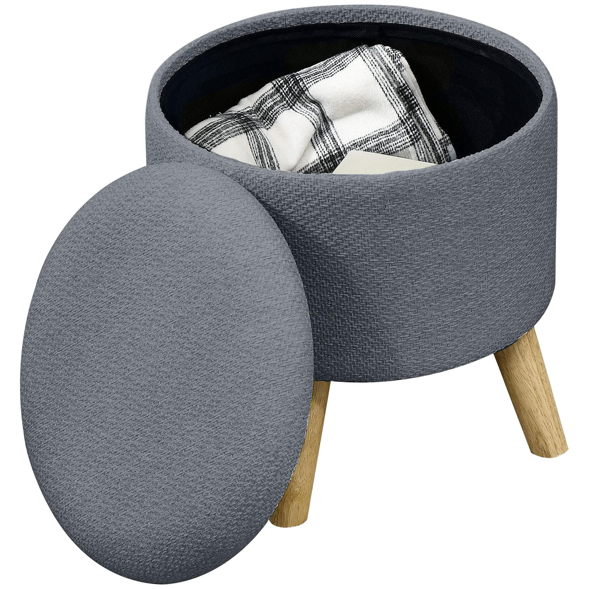 HOMCOM Round Storage Ottoman, Linen Fabric Foot Stool with Removable Top, Padded Seat, Small Foot Rest with Hidden Space and Wooden Legs for Living Room, Gray HOMCOM