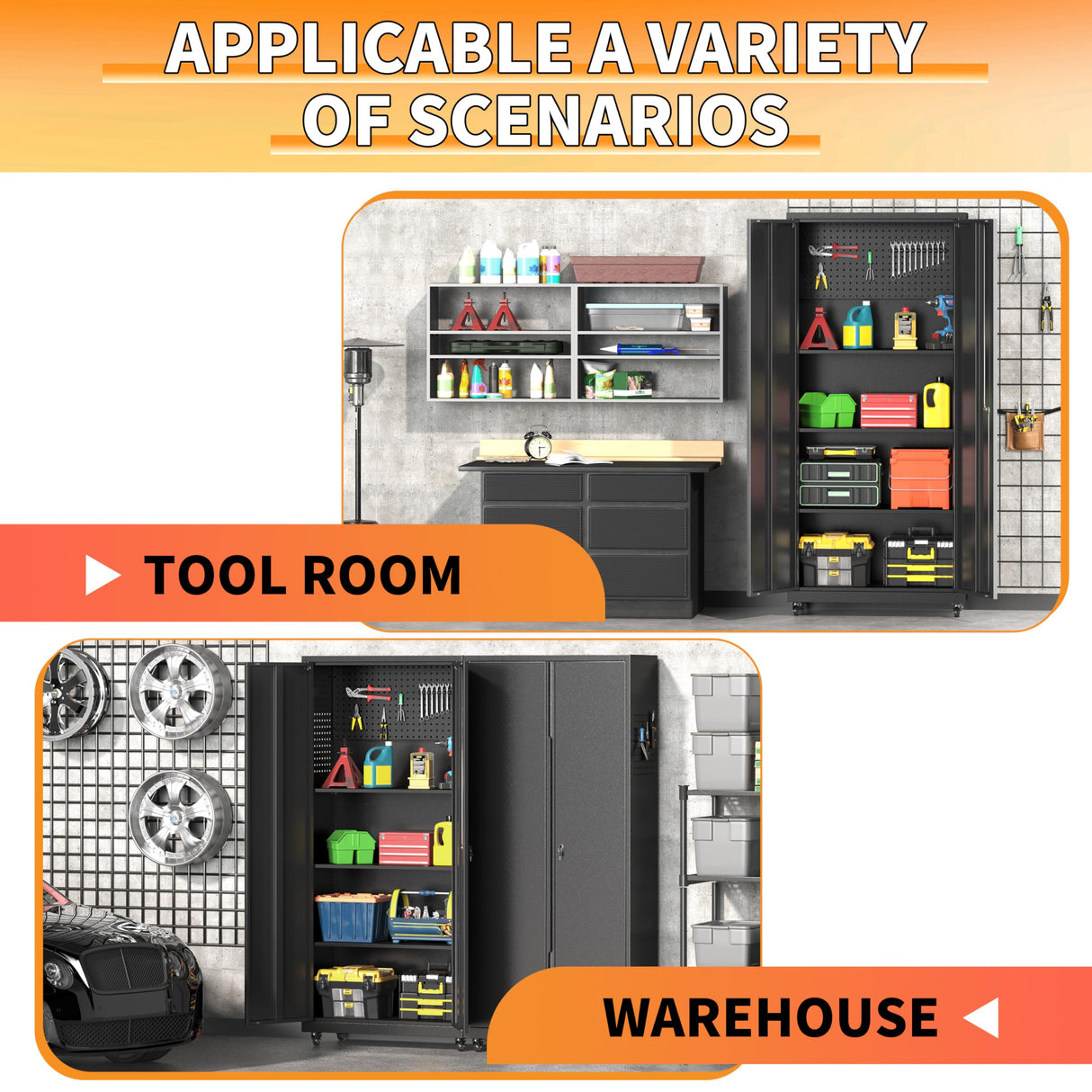 Metal Garage Storage Cabinet with Wheels, 71"H Tool Storage Cabinet with Doors and Adjustable Shelves, Locking Garage Cabinets and Storage System for Utility Home, Warehouse, Workshop, Basement PIYAZEE