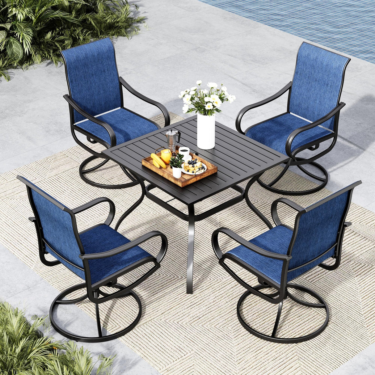 MFSTUDIO Patio Table and Chairs Set of 4, Outdoor Dining Set with Metal Table and Swivel Chairs, 5 Piece Patio Furniture Set for Deck/Backyard/Poolside/Garden MFSTUDIO