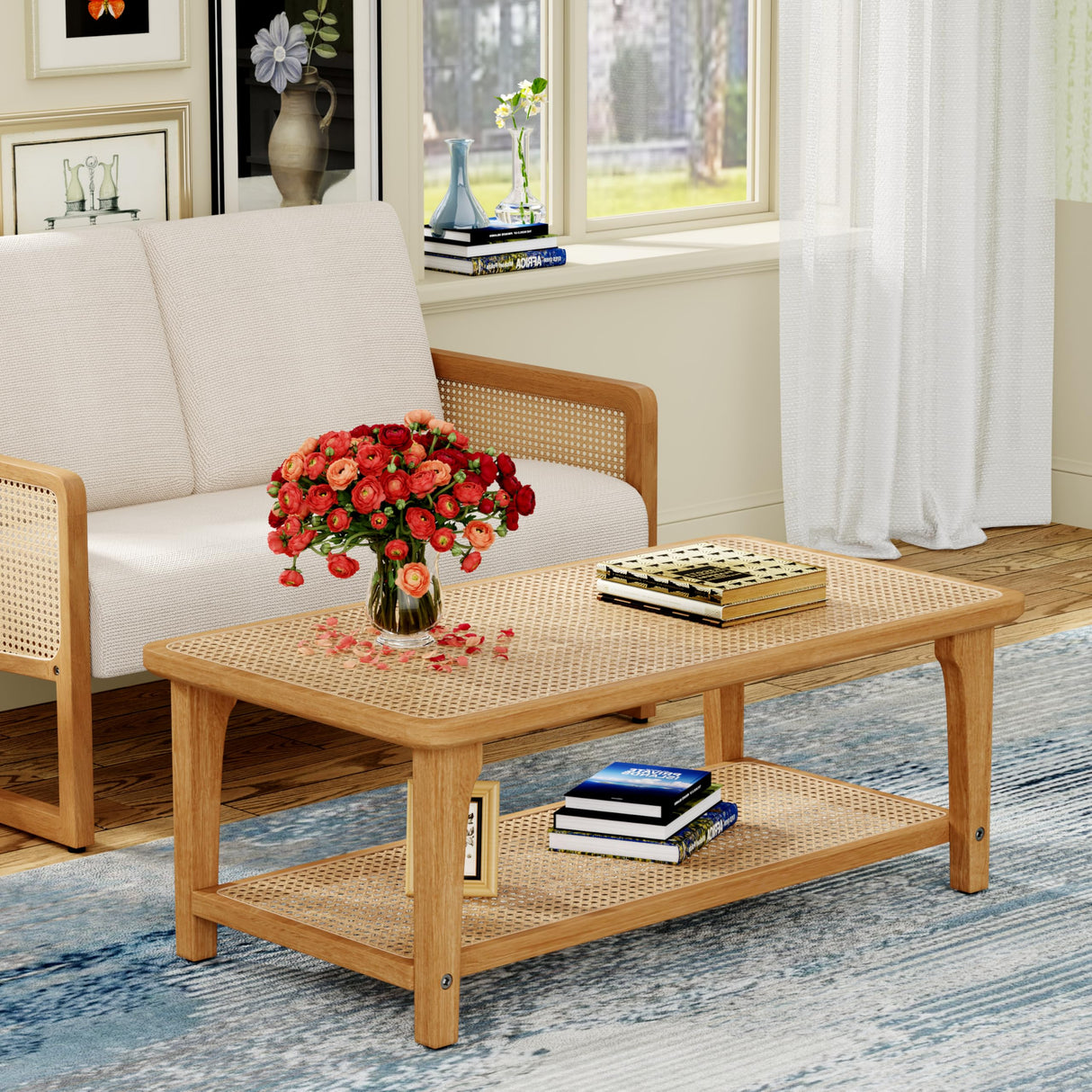 Yongchuang Rattan Rectangle Coffee Table Boho Wood Tea Table 44" Mid Century Modern 2-Tier Center Table for Living Room Office
