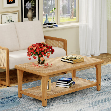 Yongchuang Rattan Rectangle Coffee Table Boho Wood Tea Table 44" Mid Century Modern 2-Tier Center Table for Living Room Office Yongchuang
