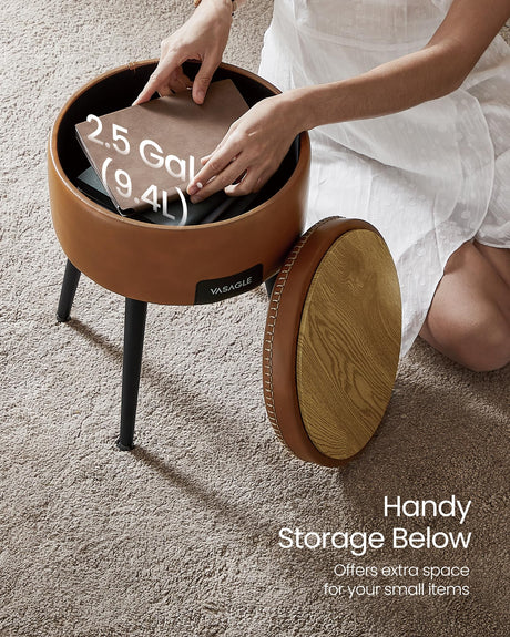 VASAGLE EKHO Collection - Storage Ottoman, Vanity Chair Stool, Synthetic Leather with Stitching, Mid-Century Modern, Round Storage Seat with Steel Legs, Loads 330 lb, Caramel Brown ULOM005K01 VASAGLE