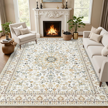 5x7 Area Rugs Living Room Rug: Washable Vintage Boho Rug No Slip Stain Resistant Soft Carpet Indoor Floor Floral Large Carpets for Bedroom Dining Room Farmhouse Nursery Hallway Home Office Beige ExpediX
