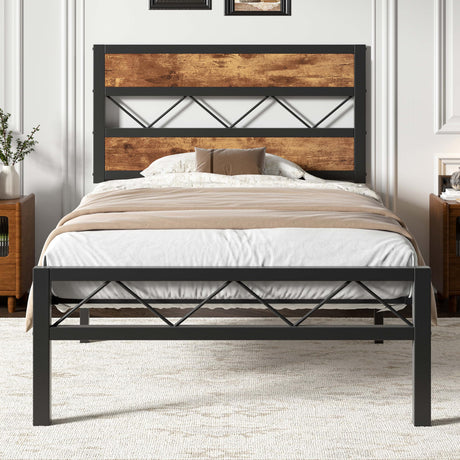 VECELO Twin Size Bed Frame with Headboard, Heavy-Duty Platform Bedframe with Metal Slats Support, No Box Spring Needed, Easy Assembly, Black & Brown VECELO