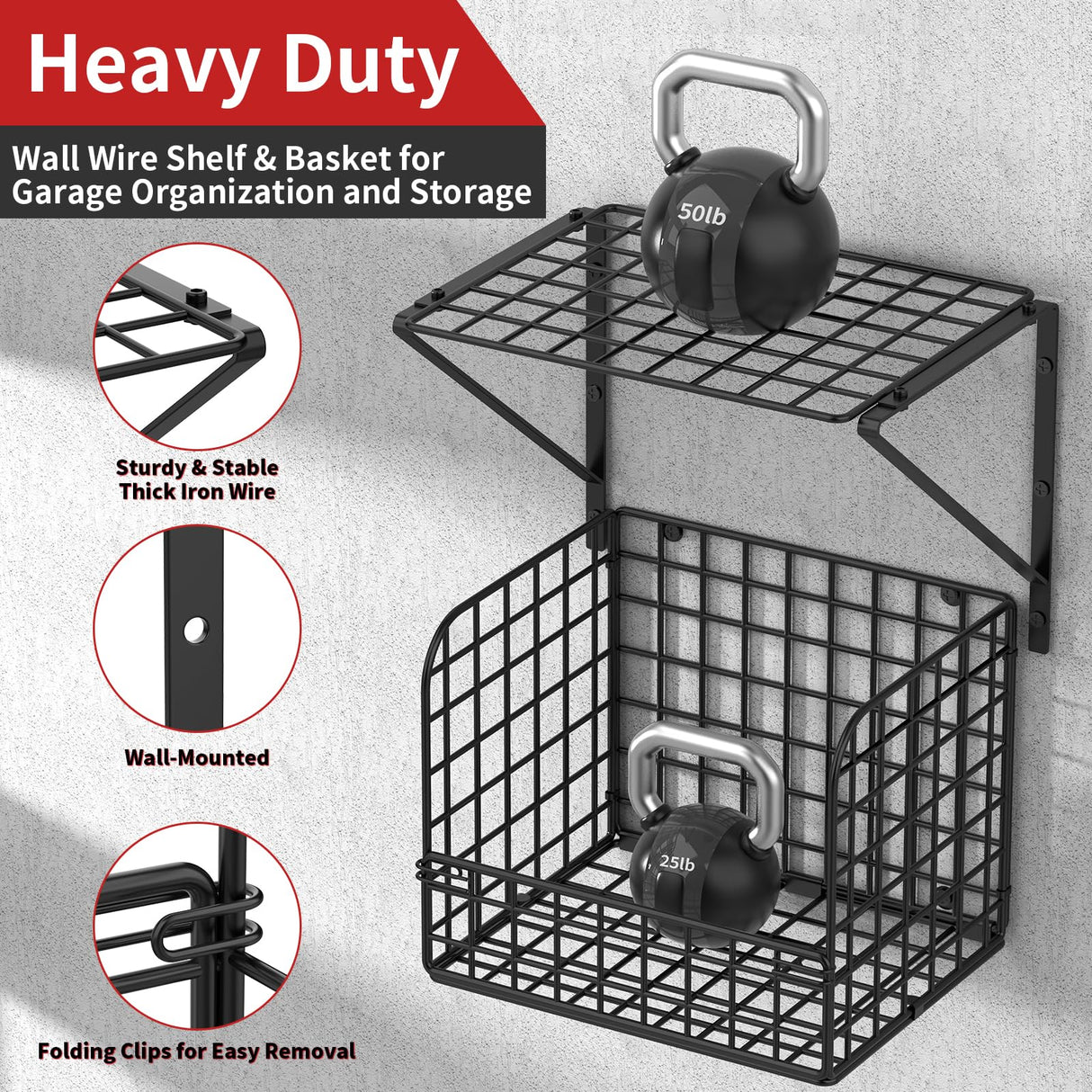 TomCare 3 Pack Garage Shelving Heavy Duty Garage Storage Shelves with Wire Baskets Laundry Room Shelves Wall Mounted Shelves with Hooks Tool Organizer for Shed Garden Kitchen Organization and Storage TomCare