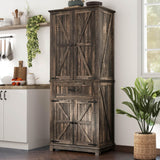 DWVO 72" Tall Farmhouse Pantry Cabinet, Kitchen Storage Pantry with Barn Doors & Drawer, Versatile Organizer with Adjustable Shelves, Rustic Cupboard for Dining Room, Living Room, Dark Rustic Oak DWVO