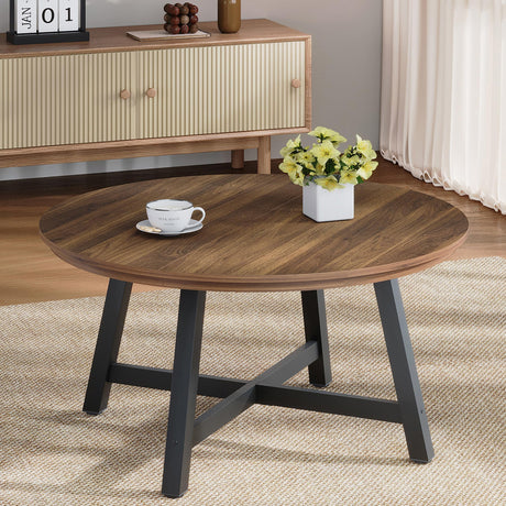 GarveeHome Round Coffee Table 36" Center Table,Large Coffee Table Industrial Accent Tables with Adjustable Feet, Living Room Tables with Thickened Legs and Designed Wood Grain, Easy Assemble GarveeHome