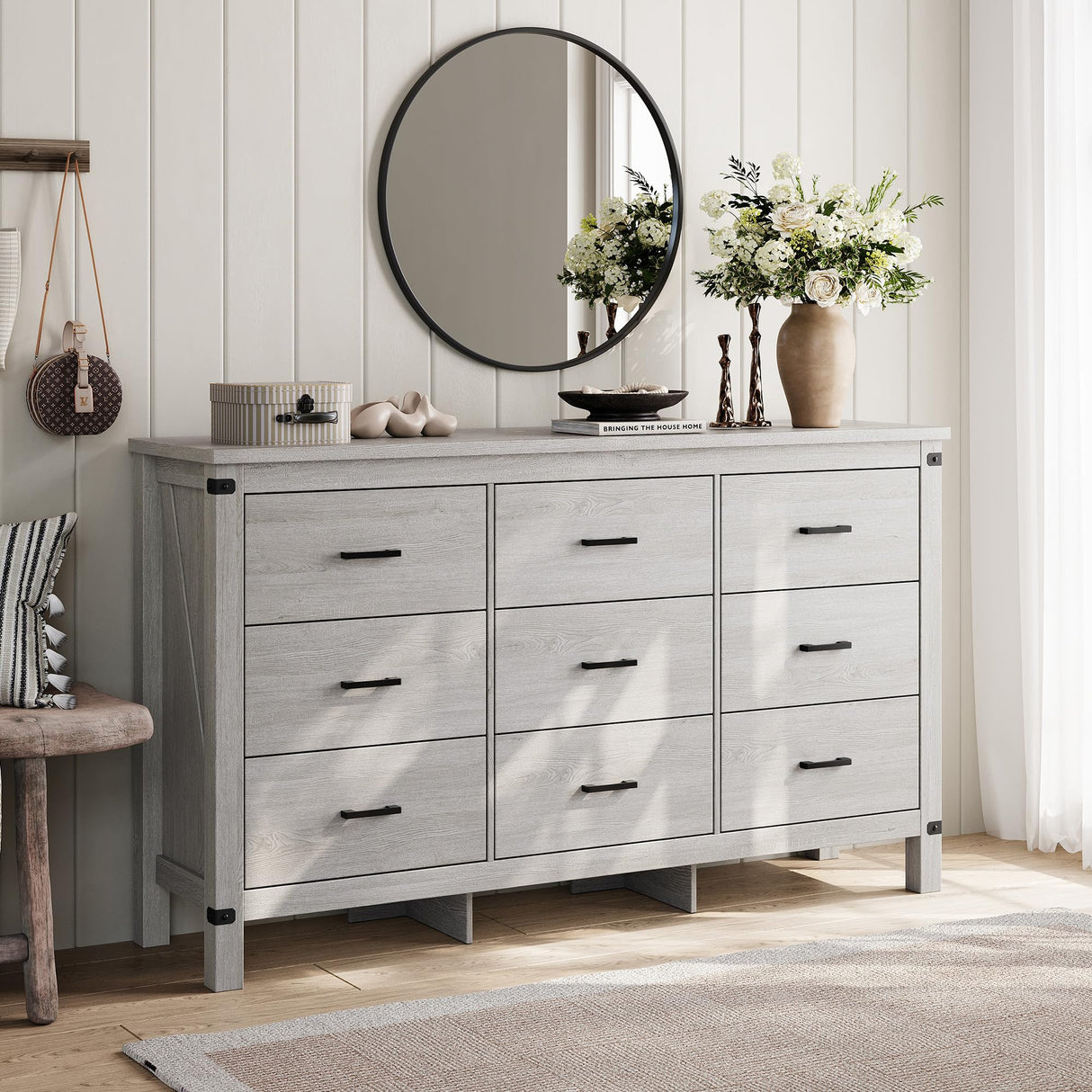 LINSY HOME Dresser for Bedroom with 9 Drawers, 59” Wide Chest with Deep Drawer, Modern Farmhouse Dresser TV Stand with Metal Handles, Wood Storage Cabinet for Closet, Living Room, Hallway, Wash Grey LINSY HOME