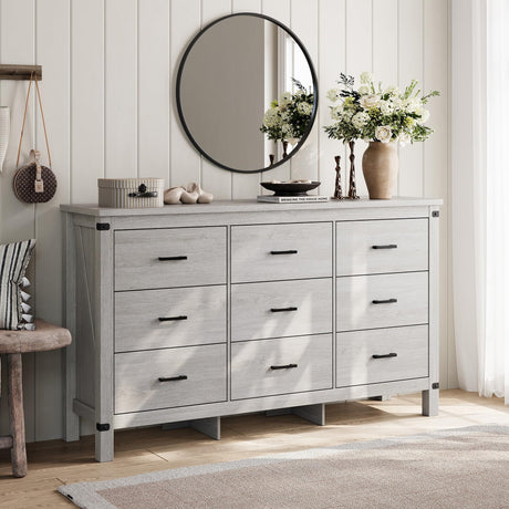 LINSY HOME Dresser for Bedroom with 9 Drawers, 59” Wide Chest with Deep Drawer, Modern Farmhouse Dresser TV Stand with Metal Handles, Wood Storage Cabinet for Closet, Living Room, Hallway, Wash Grey LINSY HOME