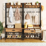 Recaceik Hall Tree, Entryway Coat Rack with Drawer, Industrial 5 In 1 Entryway Bench with Storage Shoe Rack and 12 Hooks, Freestanding Home Organizer with Shelf & Grid Panel, Anti-dumping Recaceik