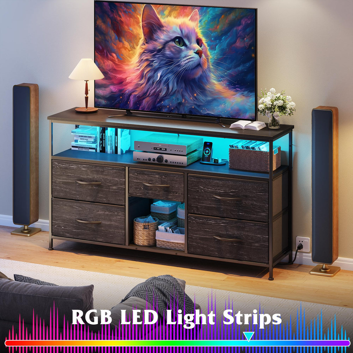 TV Stand with LED Lights & Power Outlets, Entertainment Center for 50" Inch TV, 5 Drawers TV Stand for Bedroom Dresser with Shelves for Living Room, Sturdy Metal Frame, Black EnHomee