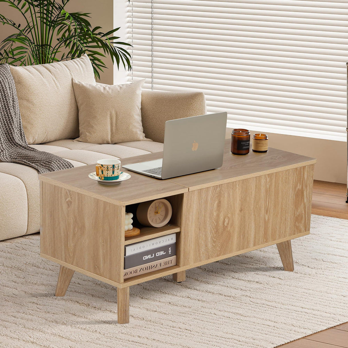 affeivul Boho Lift Top Coffee Table with Storage for Living Room, Bedroom, Rectangle Low Fluted Coffee Table with Drawers, Contemporary Pop Up Coffe Table Convertible Rising (Natural) affeivul