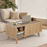 affeivul Boho Lift Top Coffee Table with Storage for Living Room, Bedroom, Rectangle Low Fluted Coffee Table with Drawers, Contemporary Pop Up Coffe Table Convertible Rising (Natural) affeivul