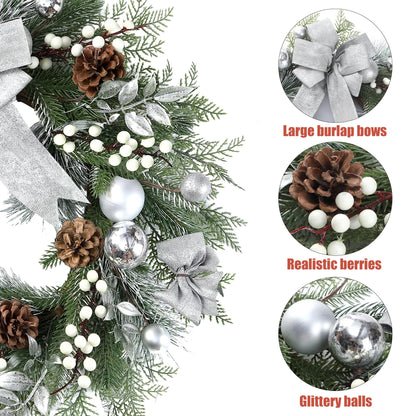 Sggvecsy 20 Inch Artificial Christmas Wreath for Front Door with Pine Needles White Berries Pine Cones Silver Bow Christmas Ball Decorations for Winter Wall Outdoor Home Holiday Xmas Decor