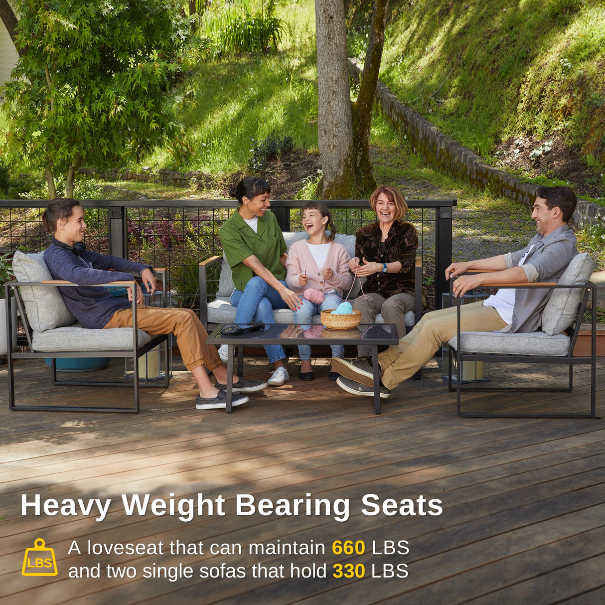 EAST OAK Courtyard Patio Furniture Set, 4-Piece Outdoor Patio Set with Sofa, Removable & Washable Deep Seating Cushion, Tempered Glass Table, Outside Patio Conversation Sets, Black & Grey EAST OAK