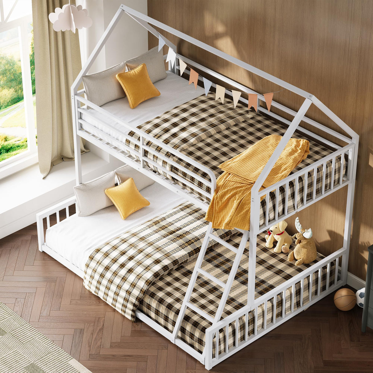 LIKIMIO Bunk Bed Twin Over Full Size, House Bunk Bed Frame with Ladder and Guardrail, House Shaped with Metal Slats Support No Box Spring Needed Space Saving for Bedroom and Dorm, White LIKIMIO
