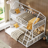 LIKIMIO Bunk Bed Twin Over Full Size, House Bunk Bed Frame with Ladder and Guardrail, House Shaped with Metal Slats Support No Box Spring Needed Space Saving for Bedroom and Dorm, White LIKIMIO