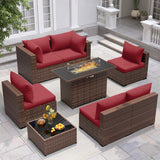 UDPATIO Outdoor Patio Furniture Set with Fire Pit Table, 8 Piece Outdoor Sectional Sofas, All-Weather Wicker Patio Conversation Set for Garden, Backyard Wine UDPATIO