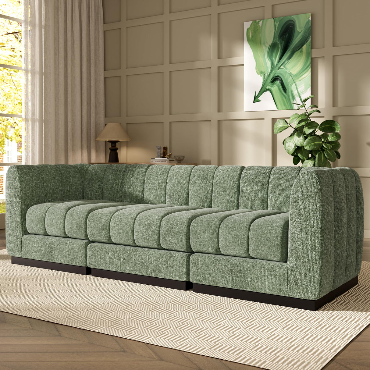 Morden Fort 96'' Luxury Modern Sofa, 3 Seater Modular Sectional Couch, Deep Seat Sofas, Minimalist Style Comfy Couches for Living Room Apartment, DIY Combination, Chenille, Green Morden Fort