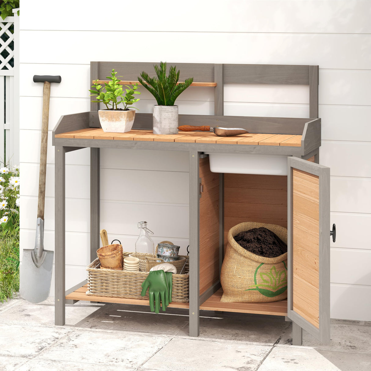 Wooden Potting Bench Table with Sink,Outdoor Garden Table Work Bench with Storage, Workstation for Outside Lawn Patio Wood-Natrl