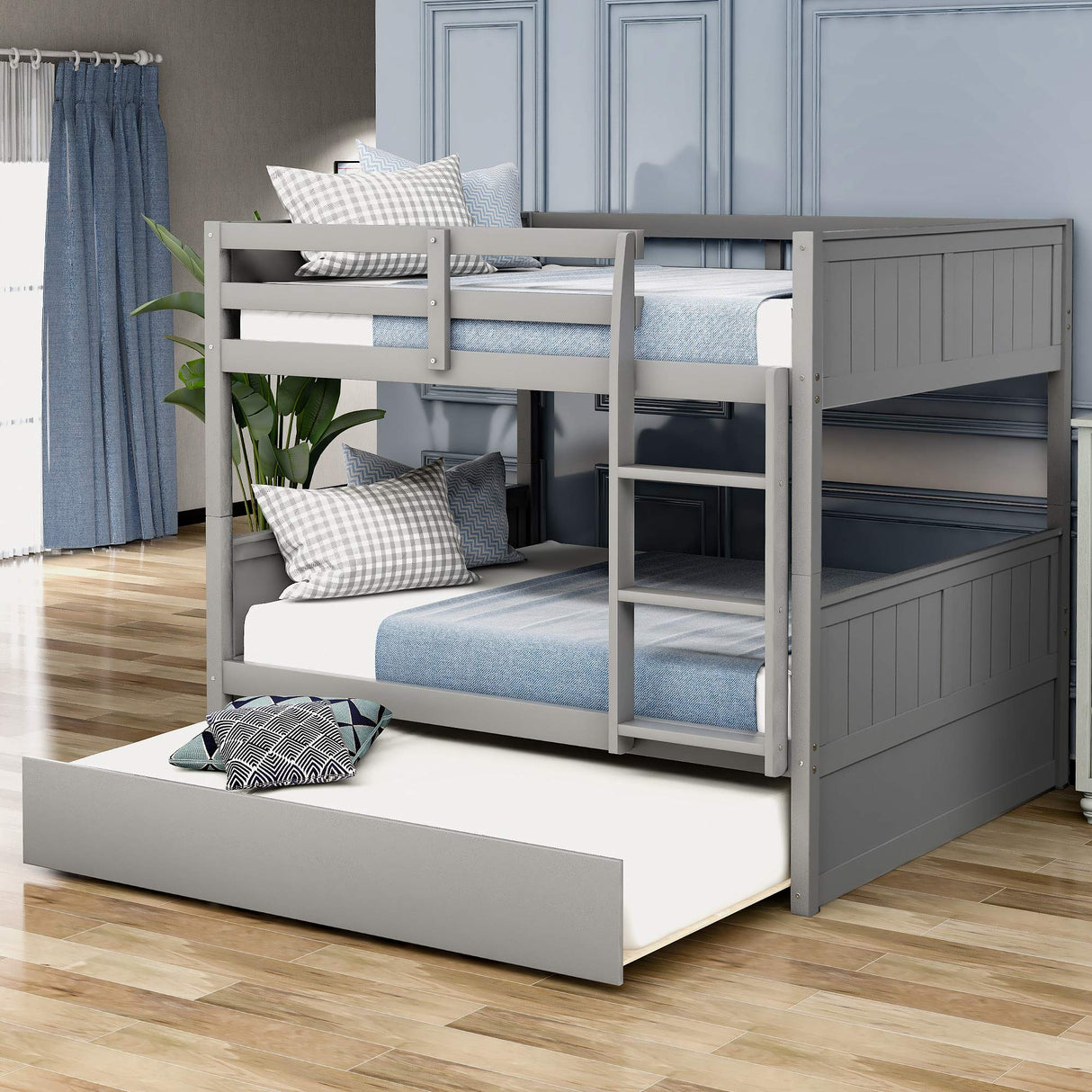 KLMM Full Over Full Bunk Bed with Trundle, Solid Wood Bunk Bed with Ladder and Safety Guard Rail, Can Accommodate 5 Person, Apply to Bedroom/Dormitory (Gray) KLMM