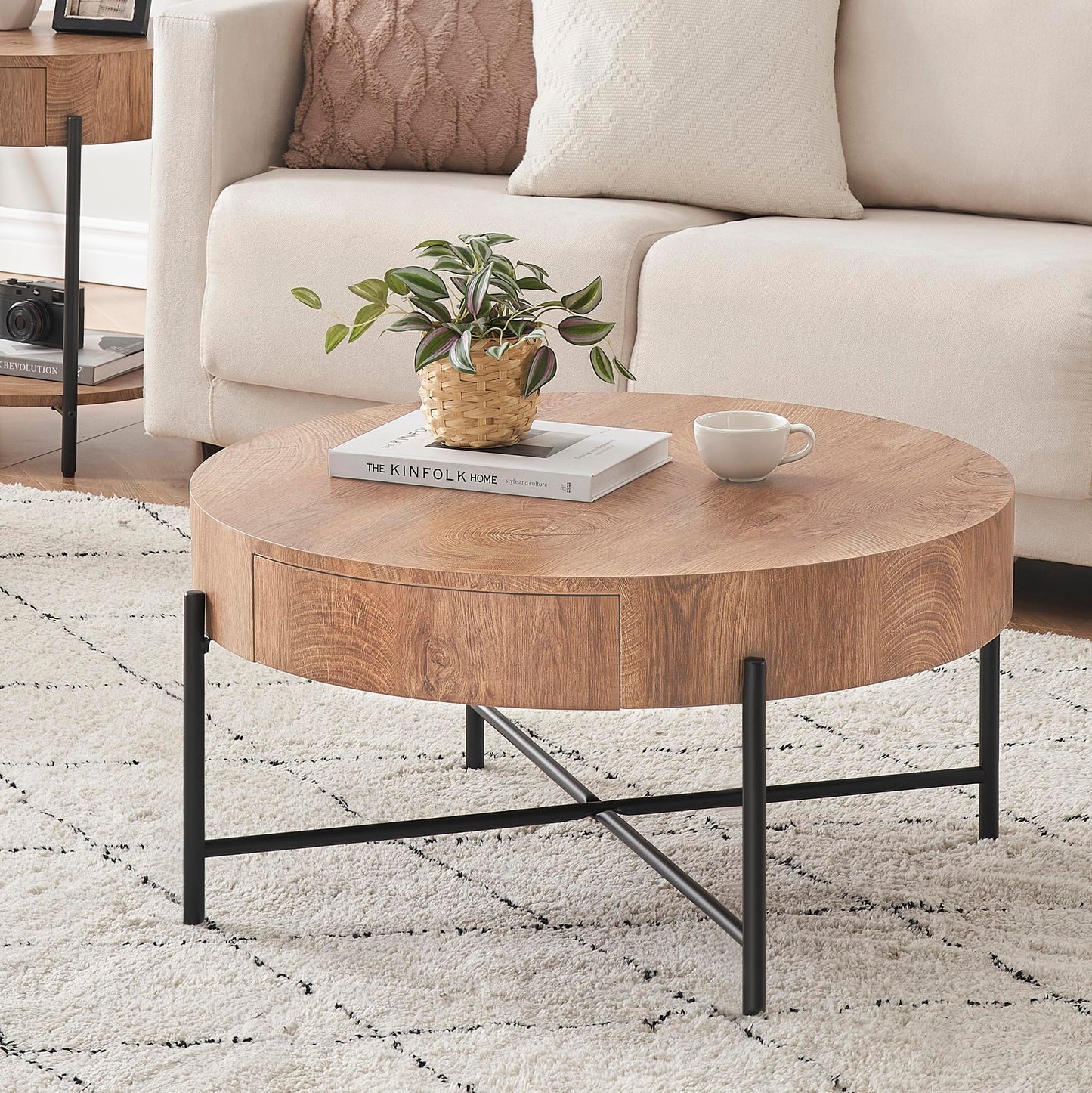 IDEALHOUSE Round Coffee Table Living Room Wood Center Table with Two Drawers Farmhouse Coffee Table Rustic Circle Cocktail Table Metal Legs, Easy Assembly, Natural - WoodArtSupply