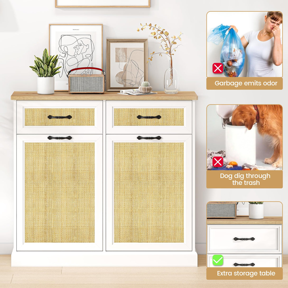 IDEALHOUSE Double Tilt Out Trash Cabinet with Natural Rattan, Hidden Trash Can Cabinet 10 Gallon Storage Holder, Freestanding Garbage Bin Cabinet for Kitchen Dining Living Room IDEALHOUSE