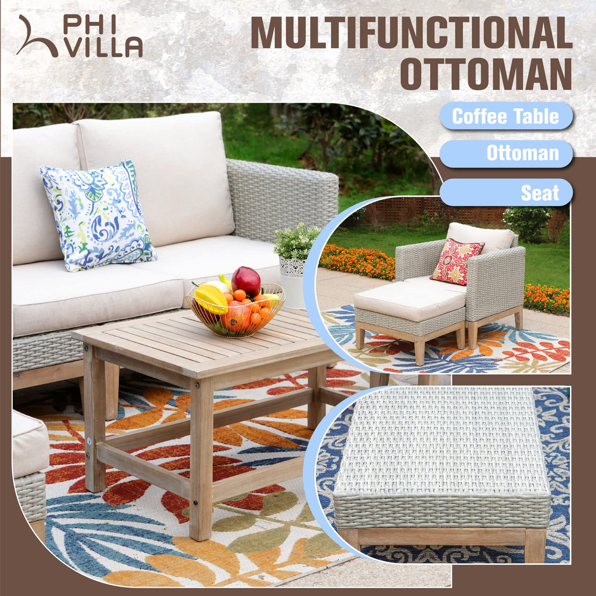 PHI VILLA 5-Piece Patio Wicker Furniture Set, Outdoor Sectional Rattan Cushion Sofa Couch Conversation Set with Ottoman, Acacia Wood Coffee Table for Poolside,Beige PHI VILLA