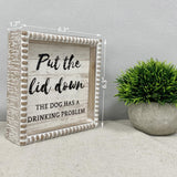 Please Close the Lid the Dog Has A Drinking Problem Funny Bathroom Signs, 6.3" White Decorative Plaque Dog Home Rustic Farmhouse Bathroom Shleves Decor, Wooden Framed Small House Decorations Fenisam