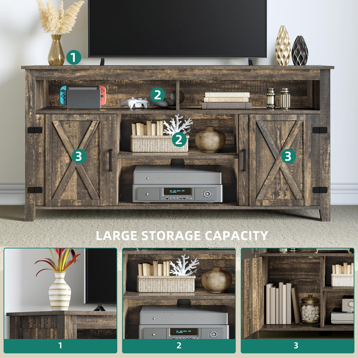 DWVO TV Stands for Living Room, Farmhouse Entertainment Center for 65 Inch TV, Rustic TV Console with Storage and Barn Door, Console Table Media Television Stands, 59 Inches, Light Rustic Oak DWVO