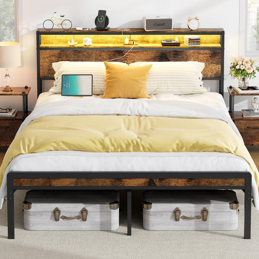 FAVOOSTY Vintage Brown Queen Size Bed Frame with LED Light and Charging Station - WoodArtSupply