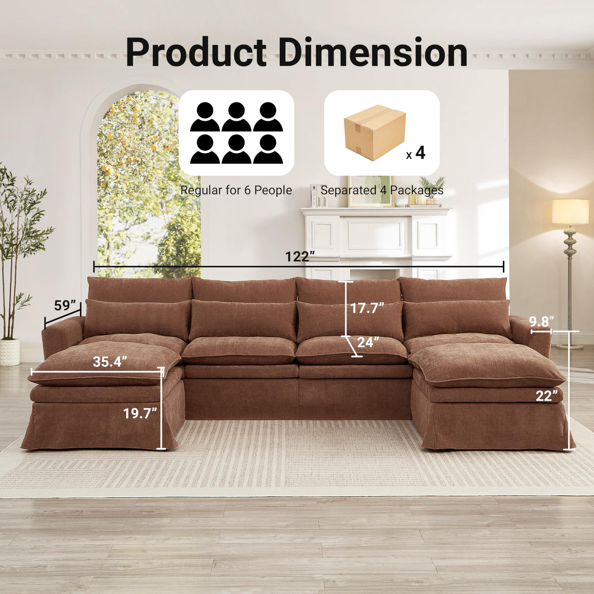 N NOORDENIYA 122″ Oversized Modular Sectional Sofa with Movable Ottoman, 6-Seat Deep Seat Sofa with Individual Sofa Covers, U Shaped Couch for Living Room, Bedroom, Apartment, Fabric, Brown N NOORDENIYA