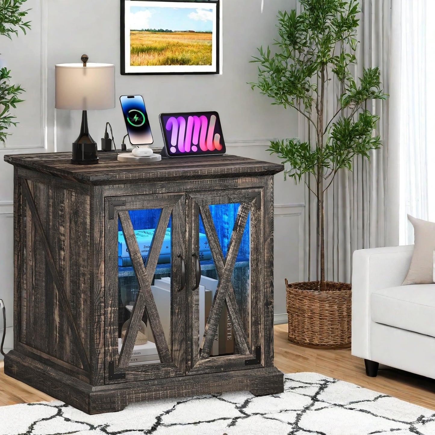 YITAHOME Farmhouse End Table with Charging Station, Sofa Side Coffee Table with LED Lights, Bedside Table, Nightstand Storage for Living Room, Bedroom, Office, Dark Rustic Oak