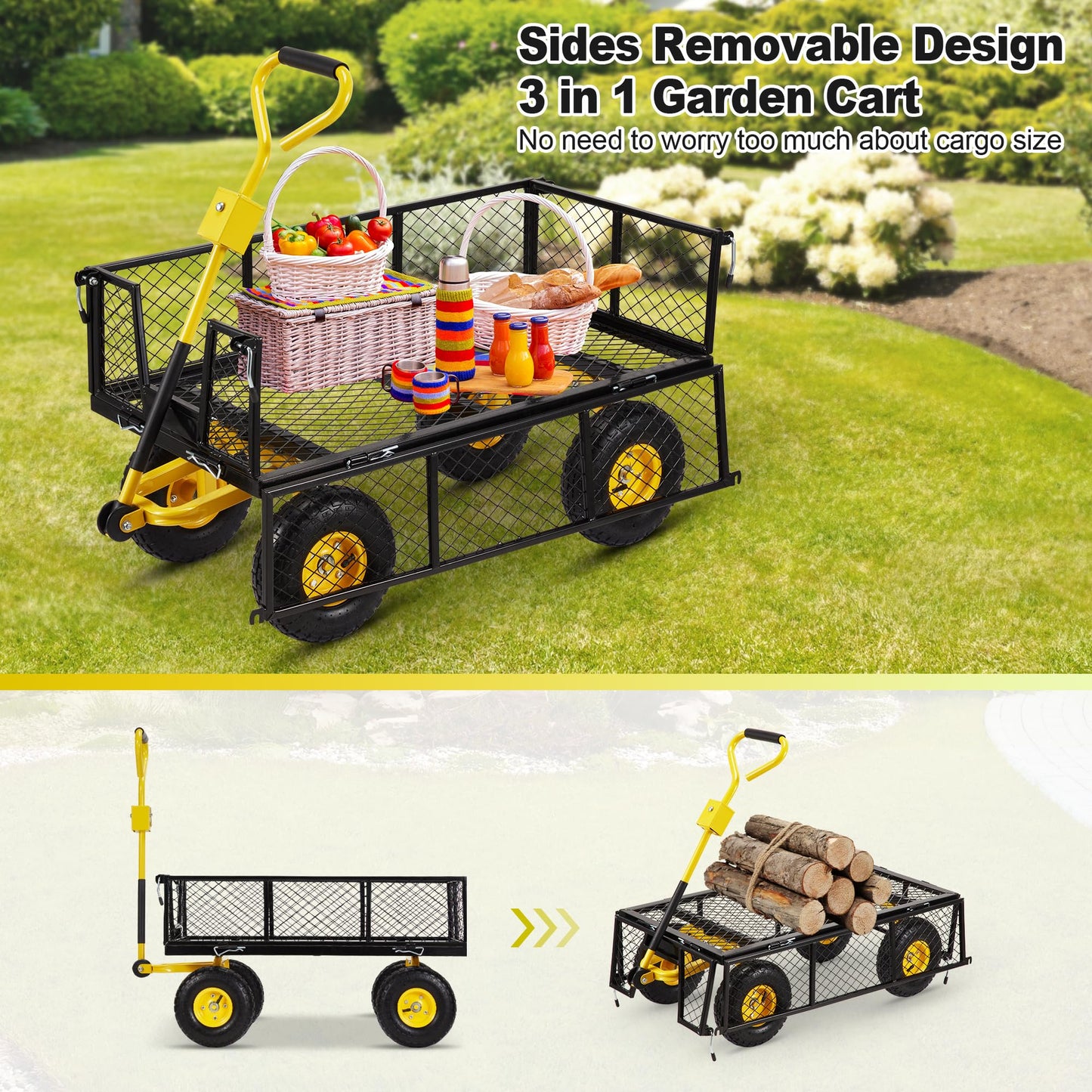 Eusuncaly Steel Garden Cart with Removable Sides, 880LBS Heavy Duty Utility Wagon Cart with Huge Pneumatic All Terrain Tires, Wagon Cart with 180°Adjustable Handle for Garden,Farm,Yard,Black - WoodArtSupply