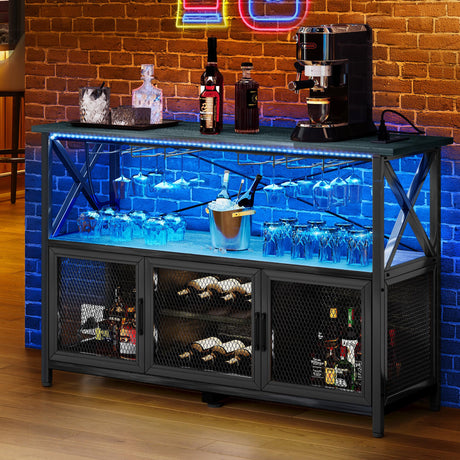 YITAHOME 55" Bar Cabinet with LED Lights, Wine Cabinet with Power Outlet, Bar Table Stand with Wine Rack, Storage Cabinets, Adjustable Shelf, Black Oak YITAHOME